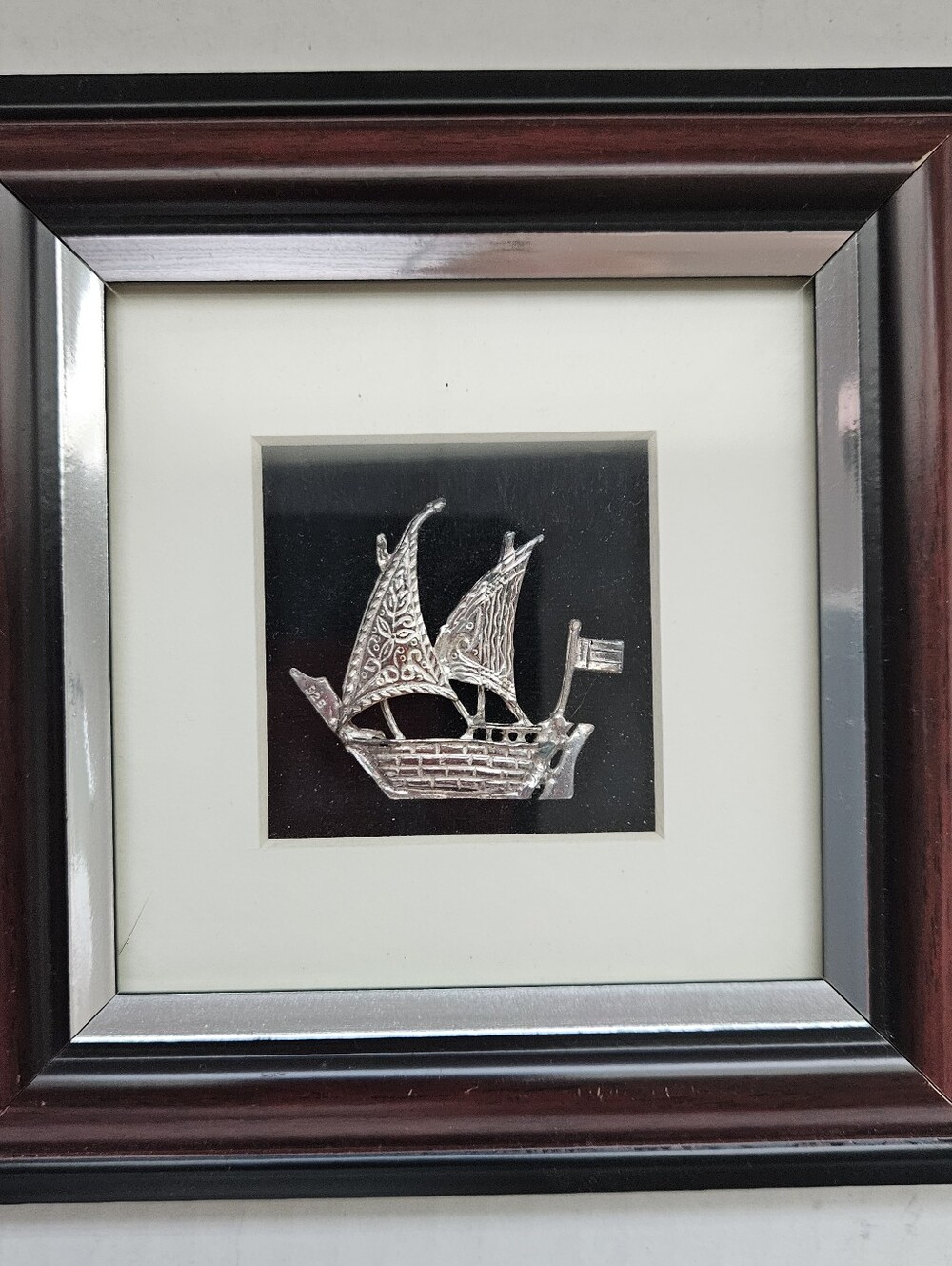 925 Sterling Silver Sailboat 3D Framed Relief Art in Shadow Box 6X6" Nautical